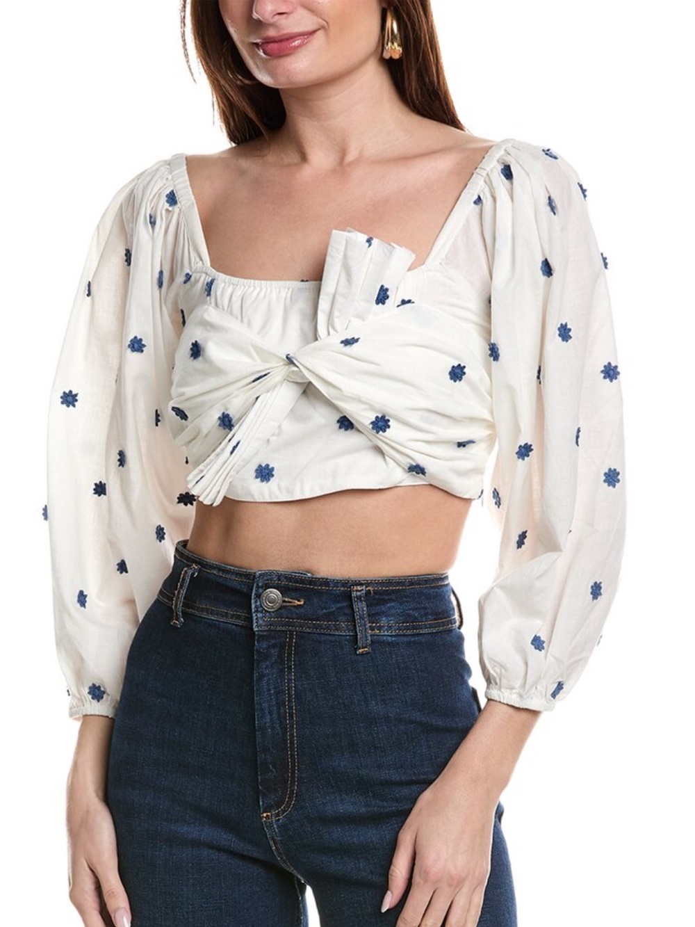 FARM Rio White Crop Top with Blue Floral Motif